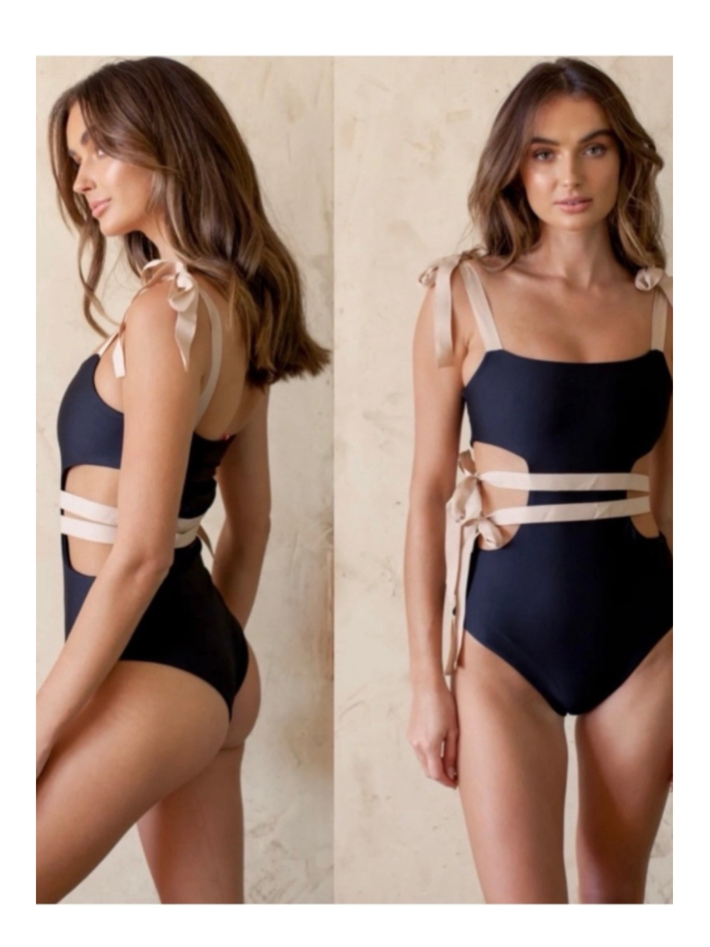 DIVINO SEAS Catalina de Medicci Black Nude Cut-Out Strappy Tie One Piece Medium